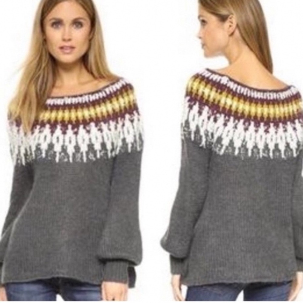 Free People Baltic Fair Isle Knit Sweater Large Gray Alpaca Mohair Blend